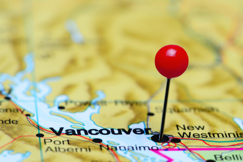 Pin marking Vancouver on map