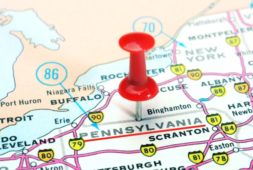 close-up of Pennsylvania state marked on map with red pin