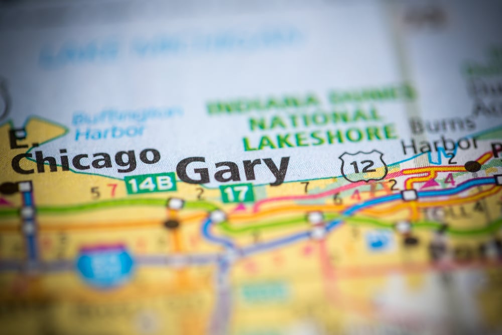 map close-up of the city of Gary in Indiana