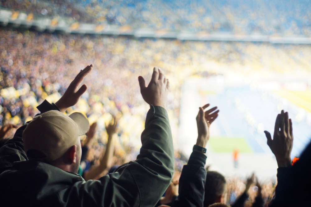 sports fans raise arms in a stadium